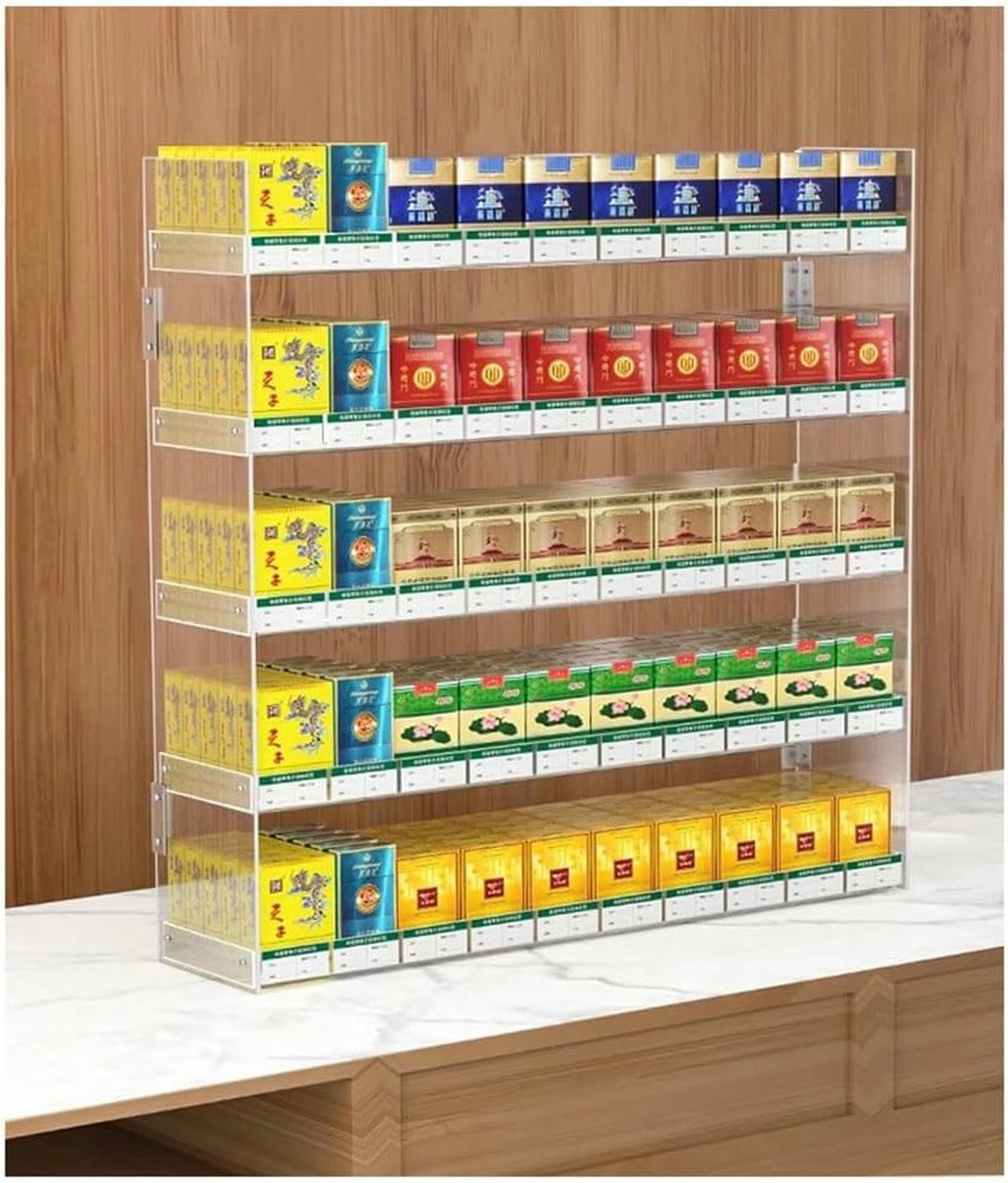 Boîtes allumettes et cigarettes toujours rangées avec ce présentoir mural transparent