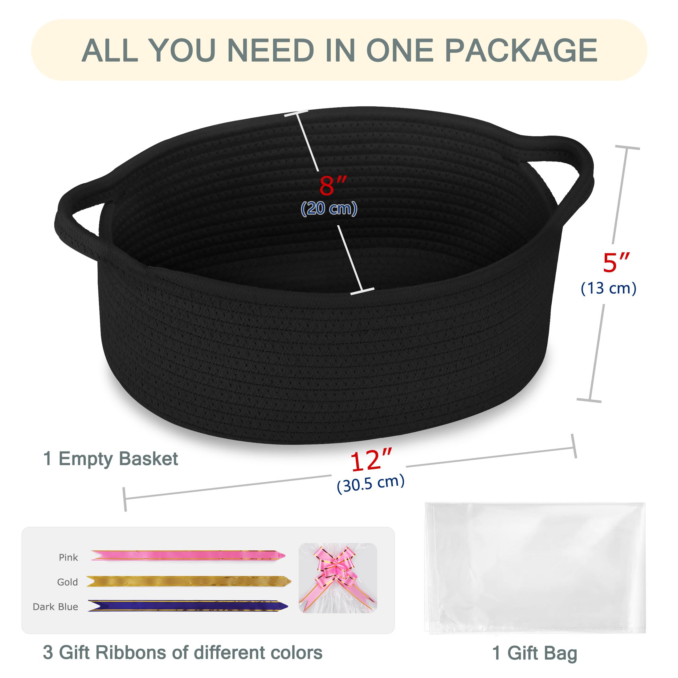 COMSE Small Woven Basket with Gift Bags and Ribbons, Gift Basket Empty, Cotton Rope Storage Organizer, Baby Toy Box with Handles, 12" x 8" x 5", Black