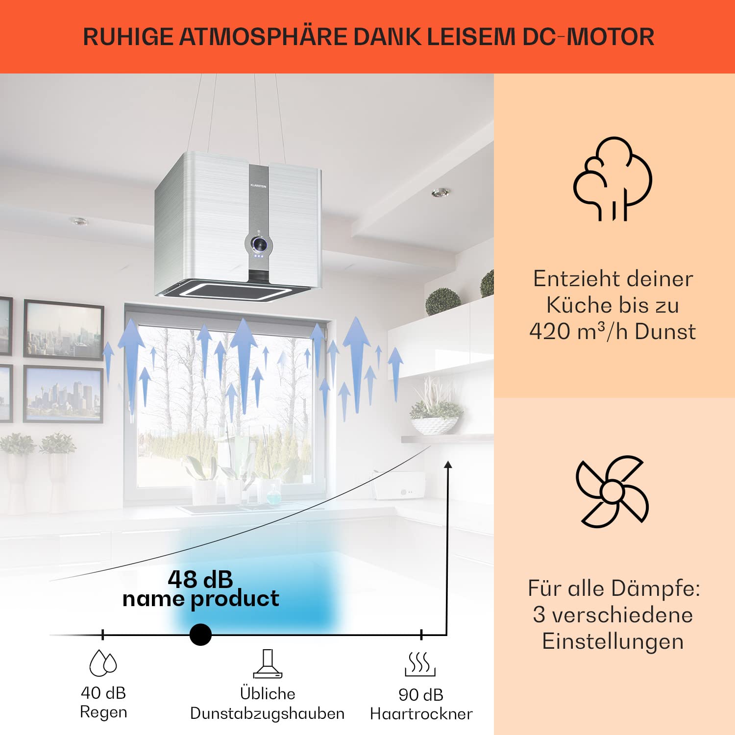 Klarstein Futurelight Smart Dunstabzugshaube freihängend 420m³/h Umluft Inselhaube LED Edelstahl silber