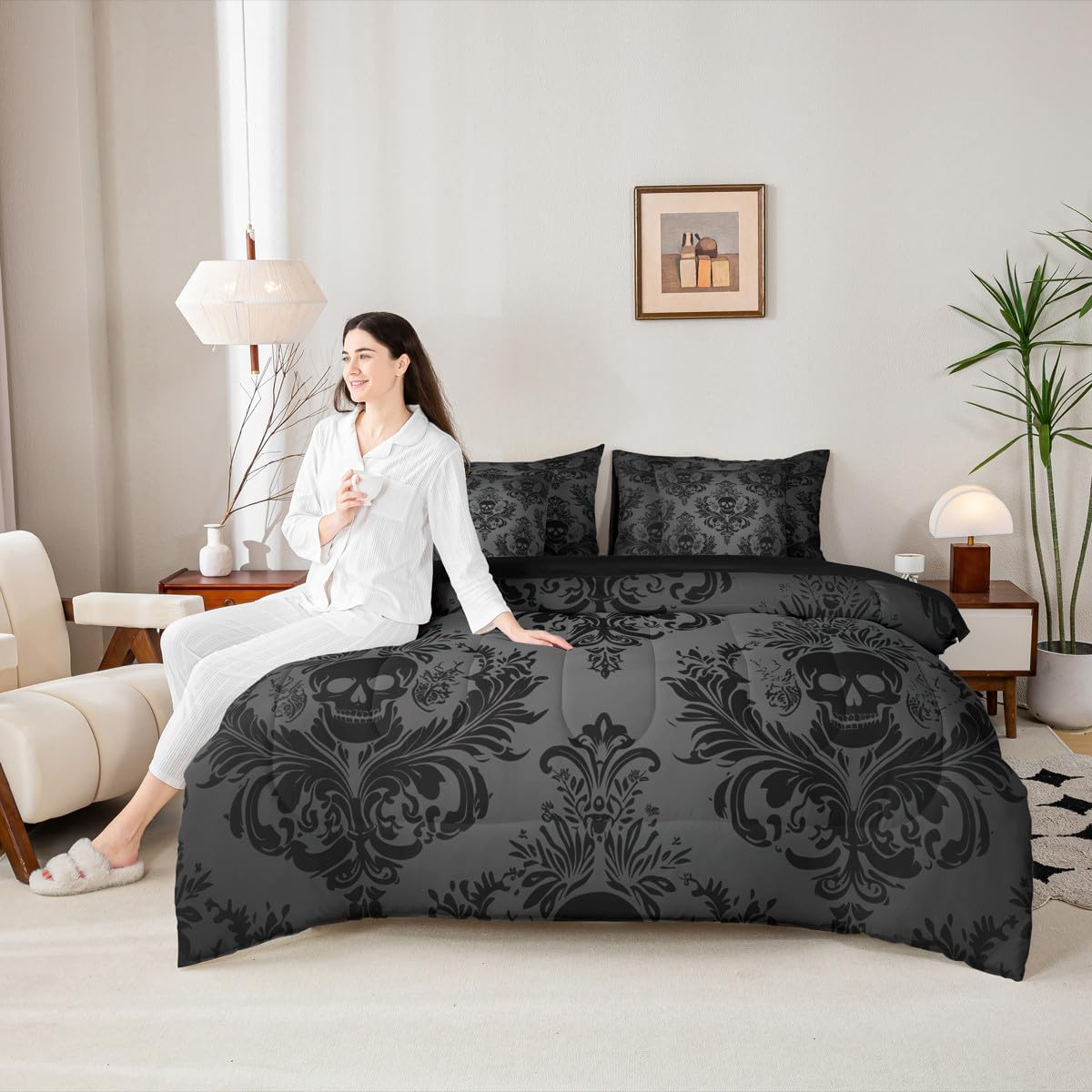 Castle Fairy Gothic Skull Kids 7 Pieces Comforter Set Queen Size,Gray Vintage Damask Lace Pattern Reversible Quilt Set,Boho Victorian Baroque Floral Bedding Set with Comforter,Sheet,Pillowcase