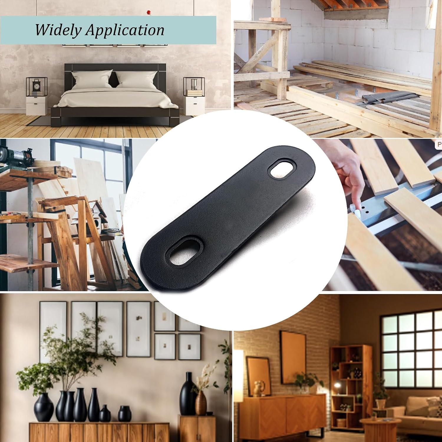 6 Pack Straight Brackets for Wood, Straight Brace with Slot, 180 Degree Flat Corner Brace, 155MM Black Metal Joining Repair Plates, Heavy Duty Mending Plates for Wood Furniture Shelves Cabinet