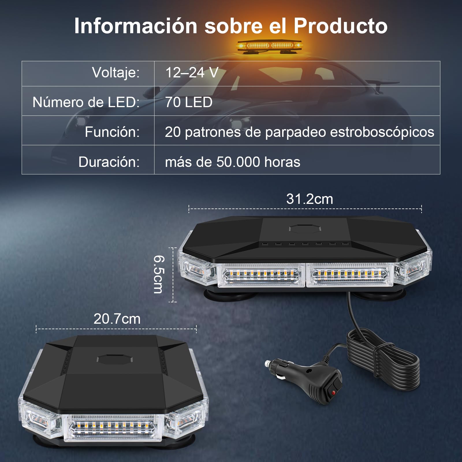 Luz LED Estroboscópica, 12V-24V, Base Magnética, Amarillo | Cable de 4,8m con Mechero, para Tractor, Camión, Grúa y Furgoneta, 20 Modos con Memoria, Impermeable IP65