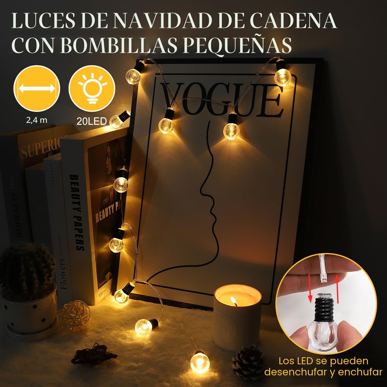 A.bigwhale Guirnalda Luces Pilas -20 LED luces hadas con temporizador, blanco cálido mini bombilla luces de hadas para interior, habitación, fiesta, Navidad, boda, Led pilas decoraciones de Navidad