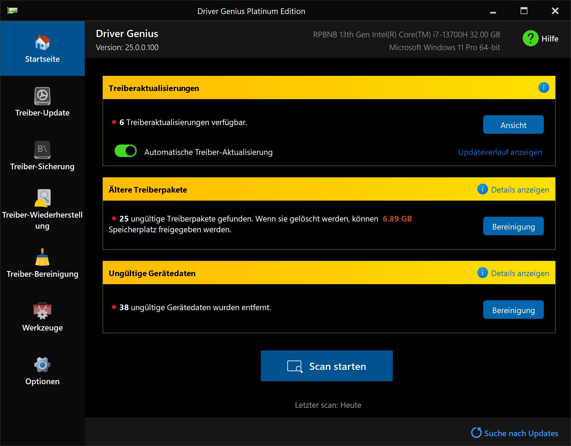 Driver Genius 25 Platinum (aktuelle Version) – Premium Treiber Updater Software - System-Optimierung & Hardware-Diagnose - Windows 11/10 - Vollversion - 3 PC / 1 Jahr - DEUTSCH (ProduktKeyCard) - PKC