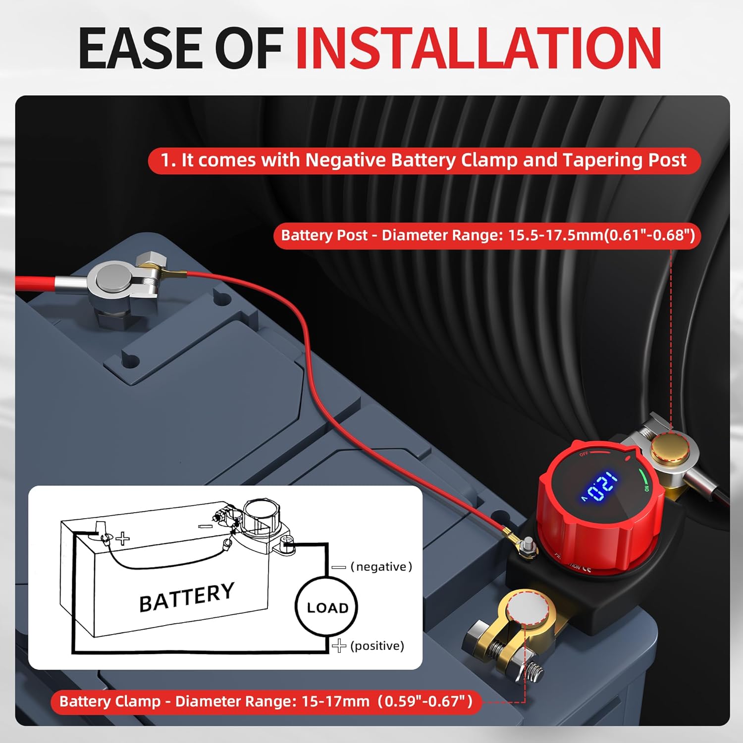 Joinfworld Top Post Battery Disconnect Switch 12V-48V and Led Voltmeter Battery Kill Switch DC 5-60V Negative On/Off Battery Cut Off Switch for Marine, Cars, Vehicles, RVs and Boats