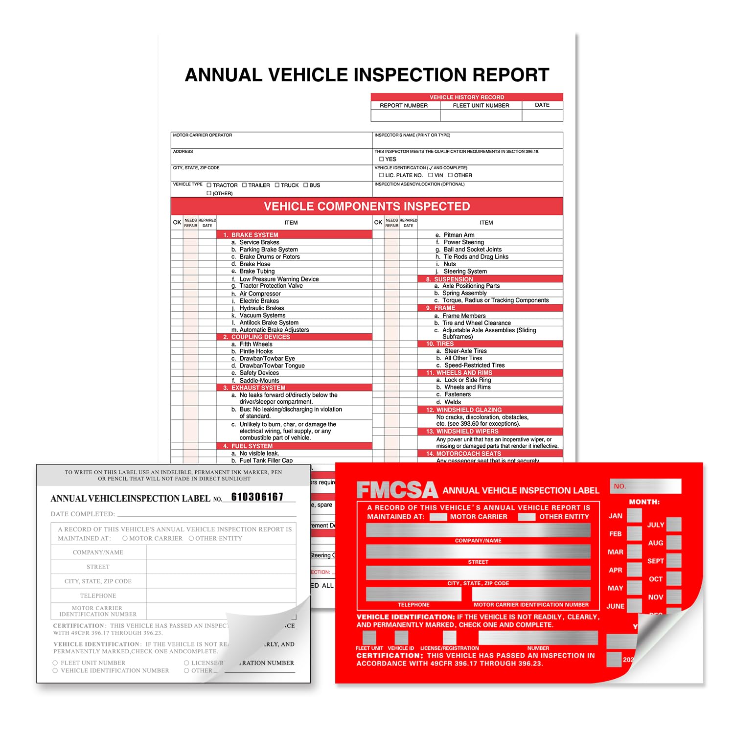 Annual Vehicle Inspection Report Form with Red Exterior Aluminum Inspection Label (6"x3.5"), and White Interior Inspection Label (5"x4") 25-pk