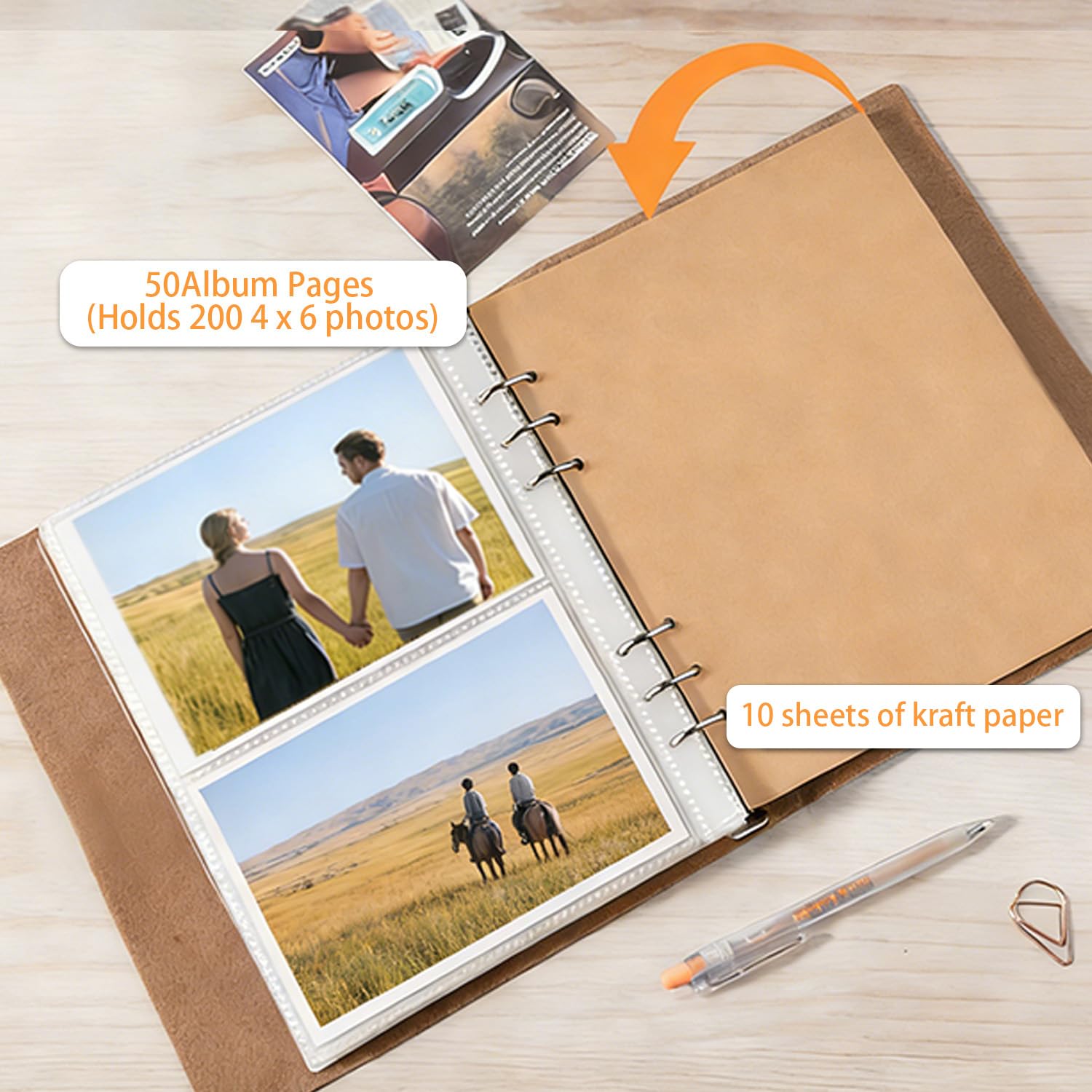 Mactto Album fotografico in pelle artificiale, 10 x 15 cm, 200 foto con raccoglitore ad anelli, con 10 fogli di carta da scrivere, per viaggi, famiglia, matrimoni, bambini, laurea, ultrasuoni, album