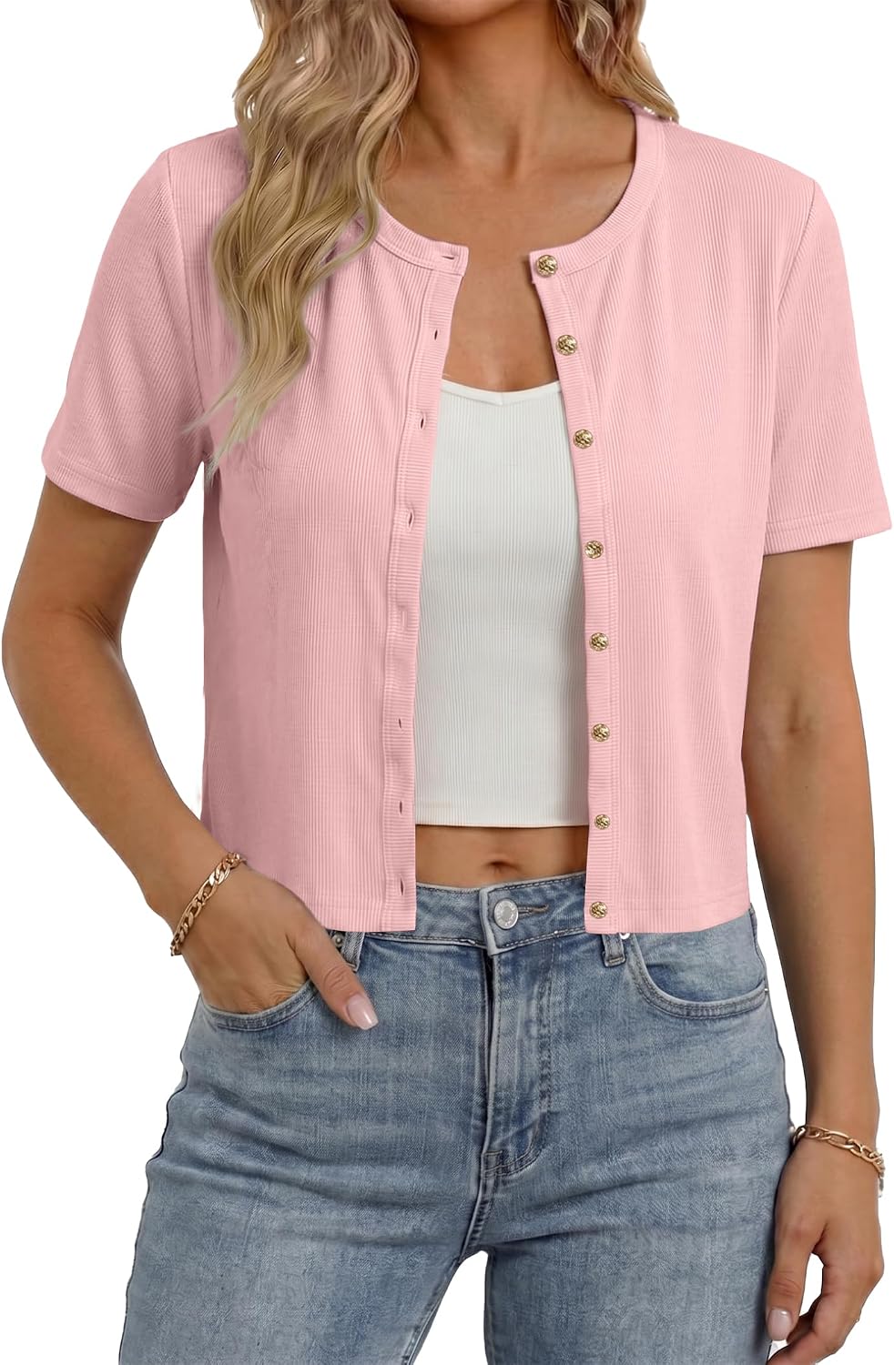 Gleeneat Womens Short Sleeve Button Down Up Cardigan Sweaters Ribbed Going Out Tops Lightweight Cute Summer Cropped Cardigan
