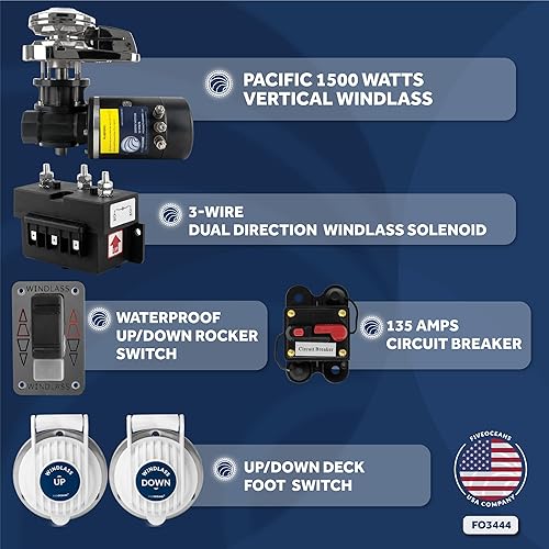 Miniatura 2 de Five Oceans Windlass Kit, Boat Anchor Windlass, 12V DC, Includes Solenoid, Circuit Breaker, UpDown Foot Switch and Rocker Switch, Vertical Series