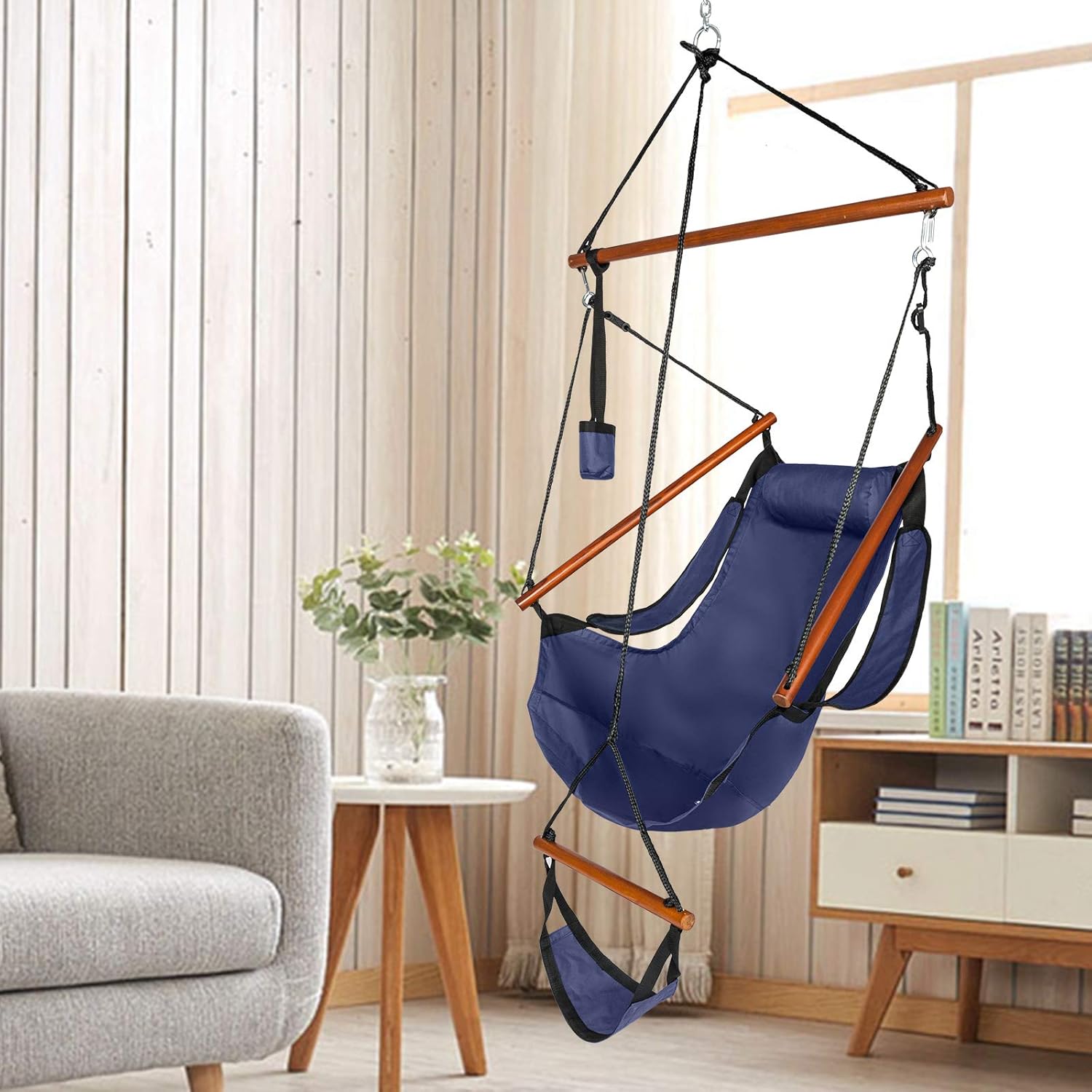 Unique Hammock Hanging Sky Chair, Air Deluxe Swing Seat with Rope Through The Bars Safer Relax with Pillow and Drink Holder Beech Wood Indoor/Outdoor Patio Yard (Blue)