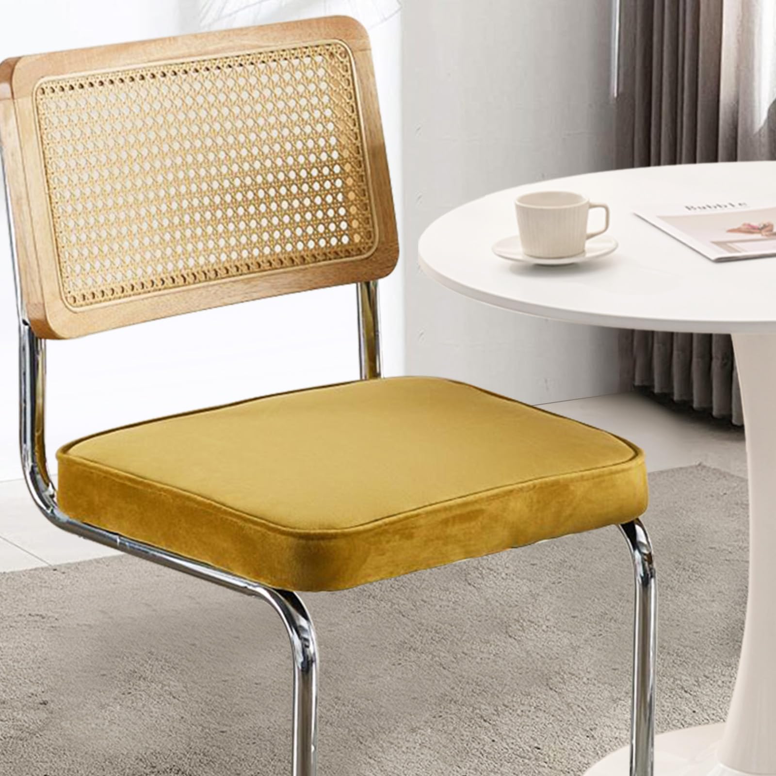 Juego de 2 sillas de Comedor Estilo Breuer con Respaldo de ratán y Estructura de Acero para Cocina e Isla Central (Terciopelo Dorado)