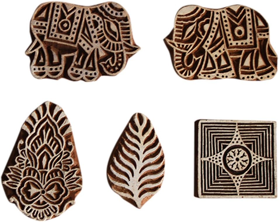 Indian Shelf Vocalforlocal Handmade Brown Set of 5 New Wooden Printing Block
