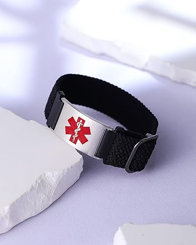 Miniatura 3 de Pulseras de alerta médica para mujeres, hombres, niñas, niños, pulsera de identificación médica personalizada con pulsera elástica trenzada de