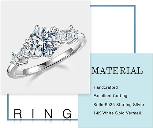 Miniatura 5 de MOOSEA Round 5-Stone Moissanite Engagement Ring for Women, 1.2ct D Color VVS1 Clarity Lab Created, 14K WhiteYellowRose Gold Vermeil Wedding