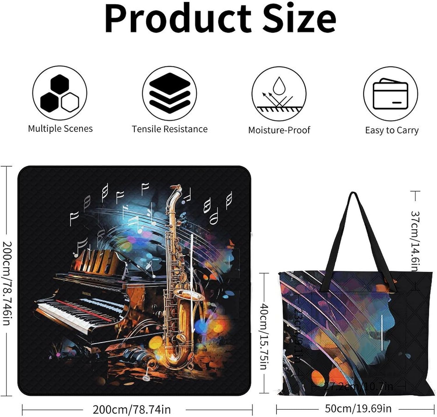 Saxophone and Piano Picnic Blanket 200x200cm, Foldable 2-in-1 Picnic Mat and Tote Bag Portable Waterproof Beach Mat Sandproof Outdoor Blanket for Park, Hiking, Beach, Camping, Travel