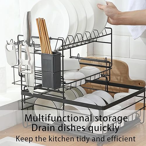 Miniatura 3 de Escurridor de platos de 3 niveles, escurridor de platos negro para encimera de cocina, coladores de platos de acero inoxidable para encimera de