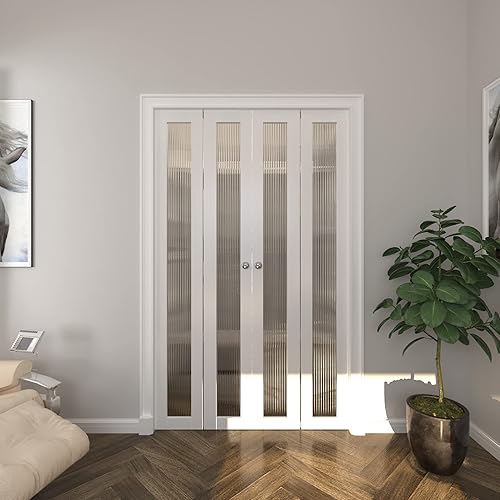 Miniatura 5 de BARNER HOME Puerta de armario, puertas plegables Full Lite con panel de vidrio estriado, fácil montaje, puertas plegables con kits de herrajes para