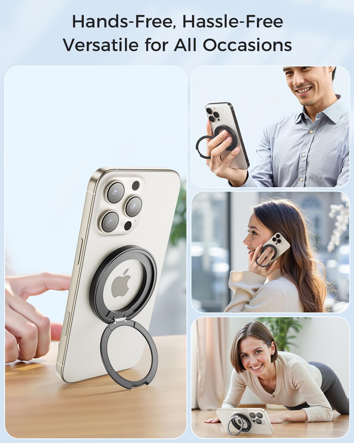 A person holding an iPhone with the magnetic ring holder acting as a secure finger grip.