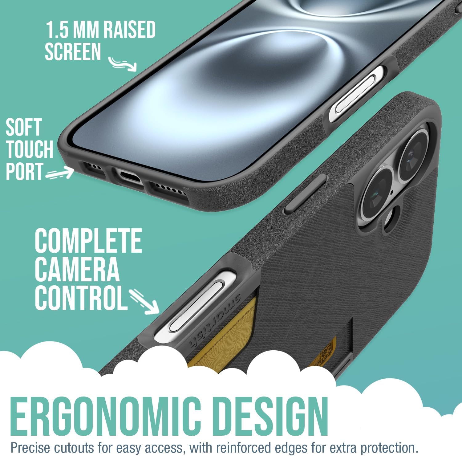 Smartish® iPhone 16 Wallet Case - Wallet Slayer Vol. 2 [Slim + Protective] Credit Card Holder w/Kickstand - Drop Tested Hidden Card Slot Cover Compatible w/Apple iPhone 16 - Black Tie Affair