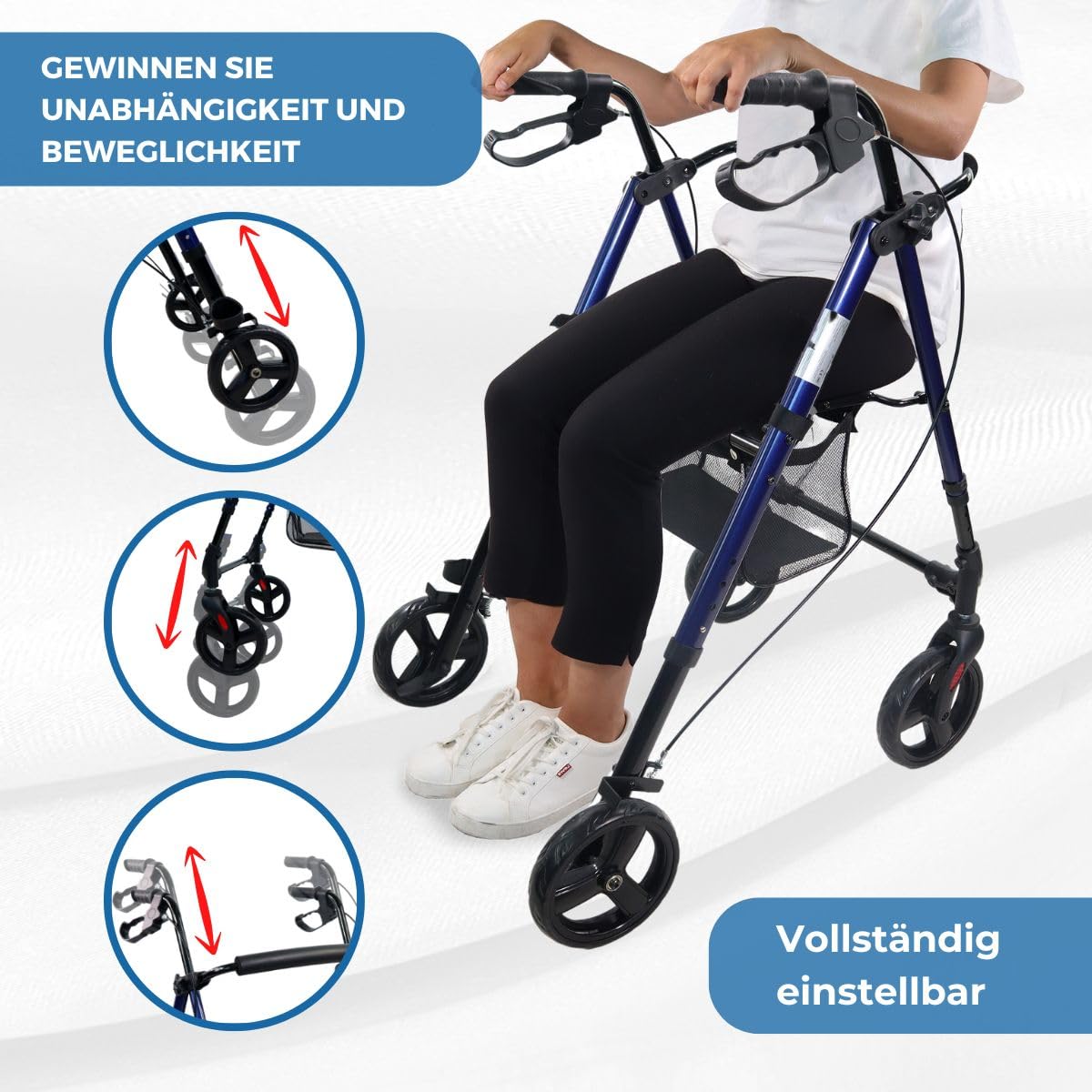 Mobiclinic®, Rollator faltbar und leicht, Gehhilfe, Für übergewichtige menschen, Faltbare, Leichtgewicht, Verstellbare beine sitz, Mit 4 rädern, Stockhalter, Korb