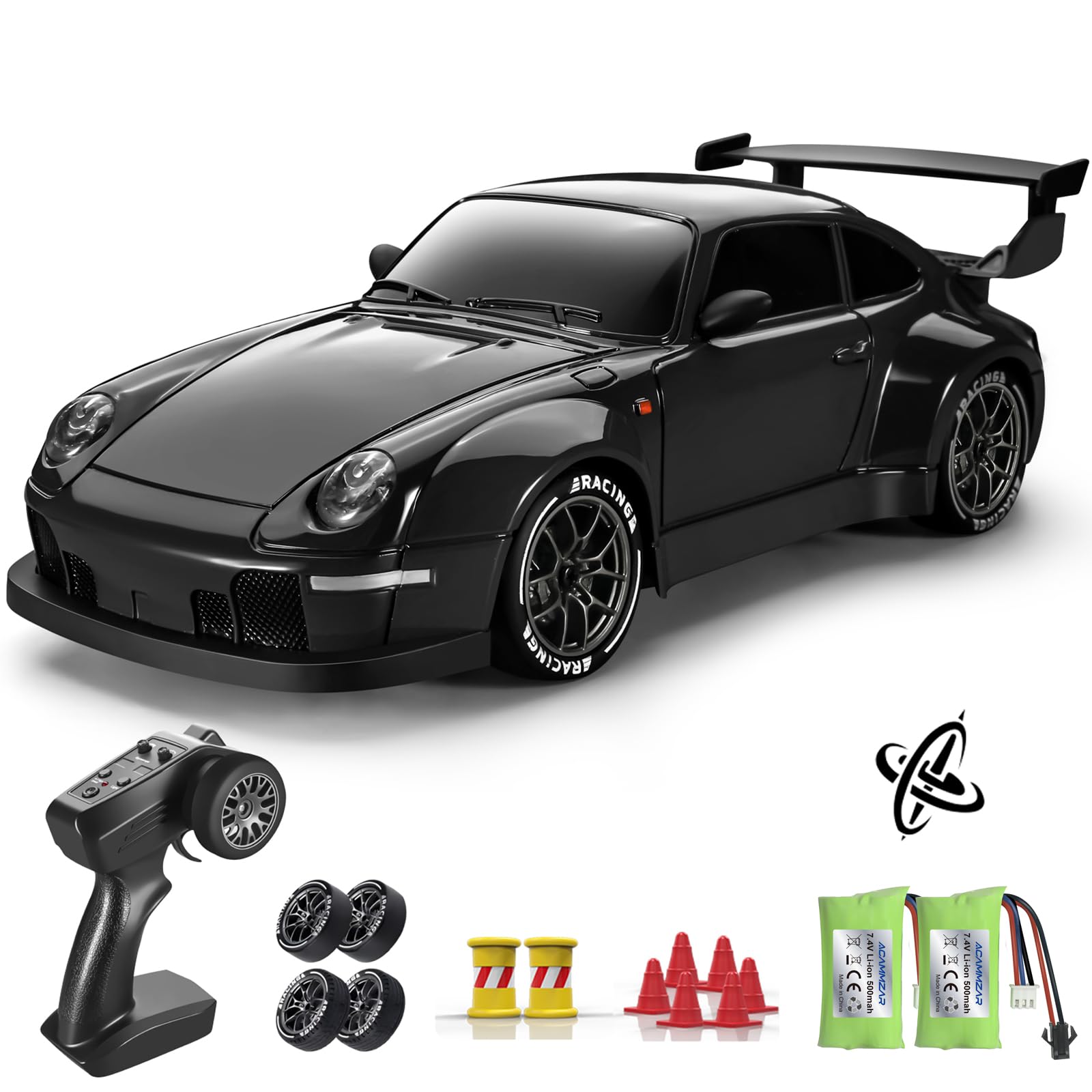ACAMMZAR RC Drift Car with Gyro, 1:24 Full Proportional Remote Control Car, 25KM/H 4WD High Speed RC Cars with Lights, Extra Racing Tires, Vehicle for Adults Kids Boys Girls, Black
