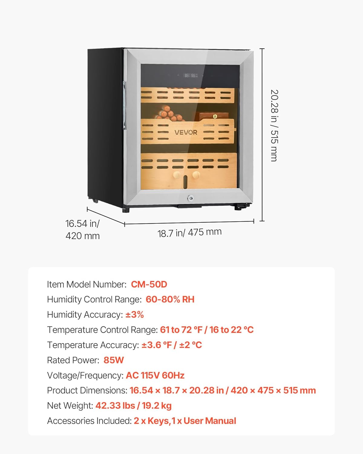 VEVOR Electric Humidor, 50L, 300 Counts Electric Cigar Humidor Cabinet with Compressor Cooling, Constant Humidity & Temperature Control, Spanish Cedar Wood Shelves & Drawers, 2 Layers, for Household
