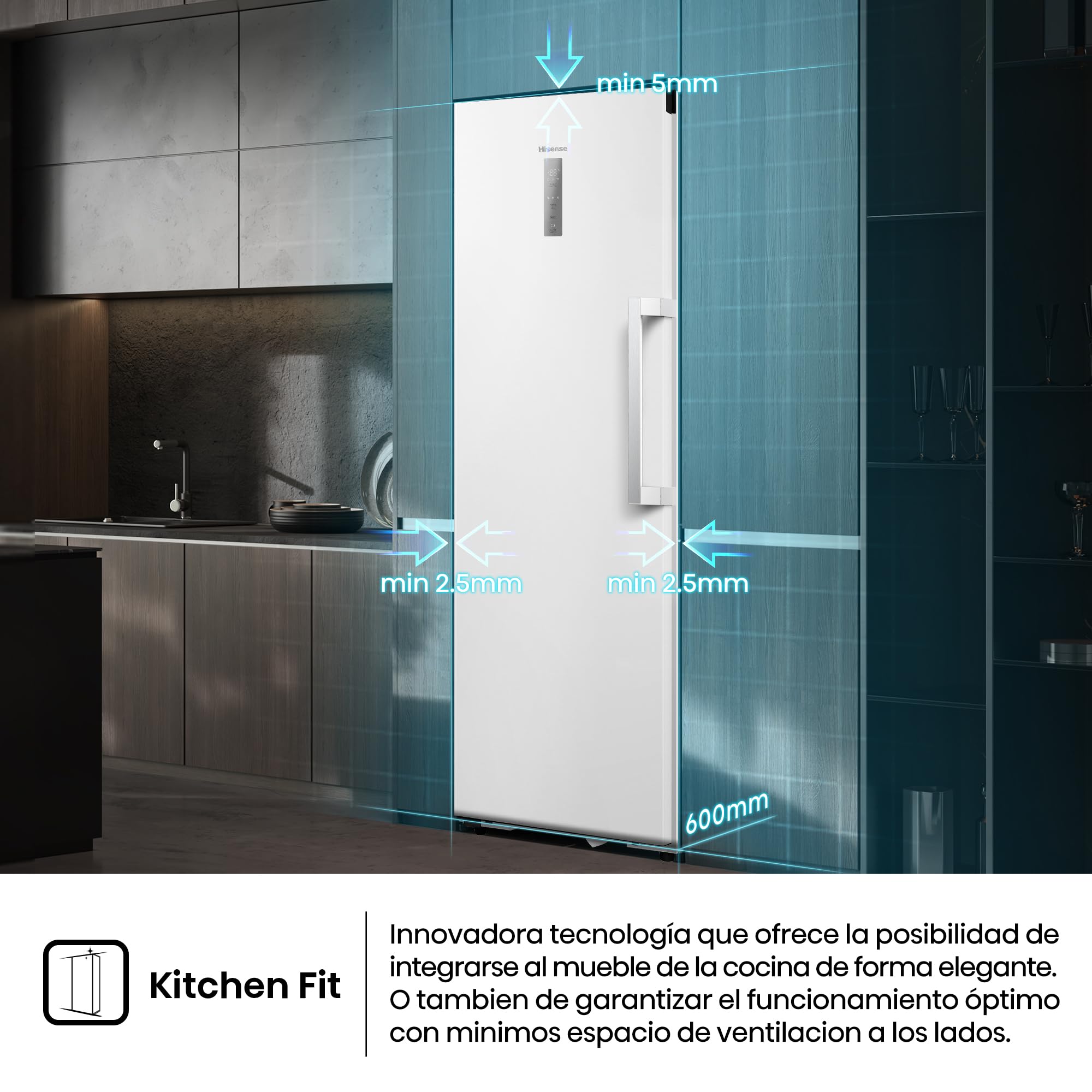 Hisense FT3K310SEWE1 - Congelador Una Puerta Total No Frost Kitchen Fit, 312L, 186cm, Ventilación Inferior, Congelamiento Rápido, Tirador de Apertura Fácil, Apertura de Puerta 90º, WiFi, Blanco