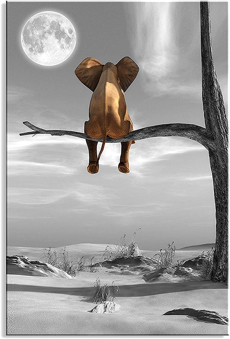 Canvas Wall Art Animal Resting Elephant Look at the moon Wall Pictures Giclee wall decor on Canvas Stretched artwork Living Room Bedroom Ready to Hang