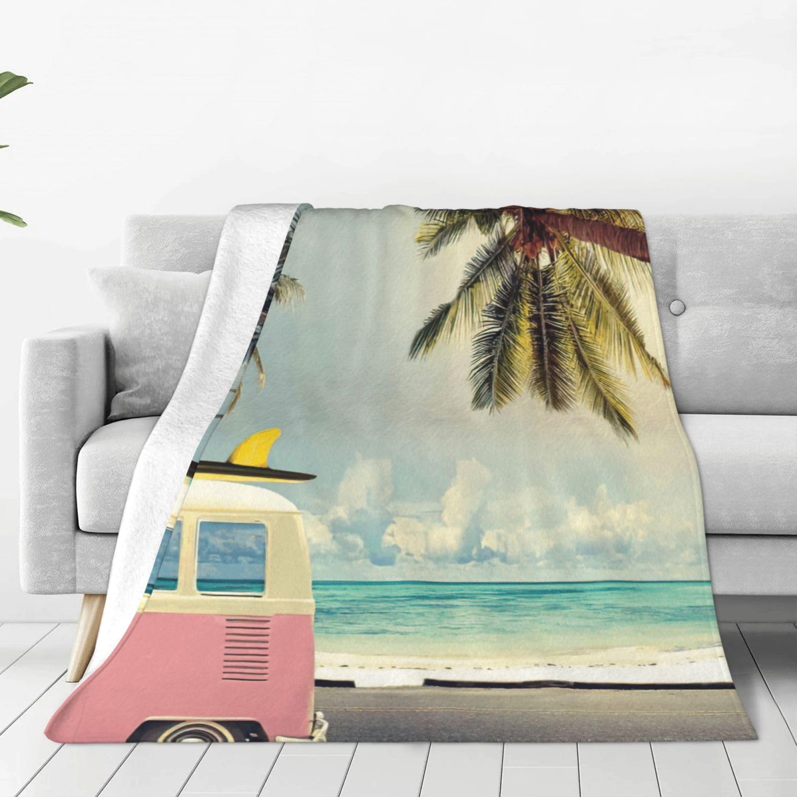 Couverture polaire douce lit chaud canapé motif bus plage bord de mer
