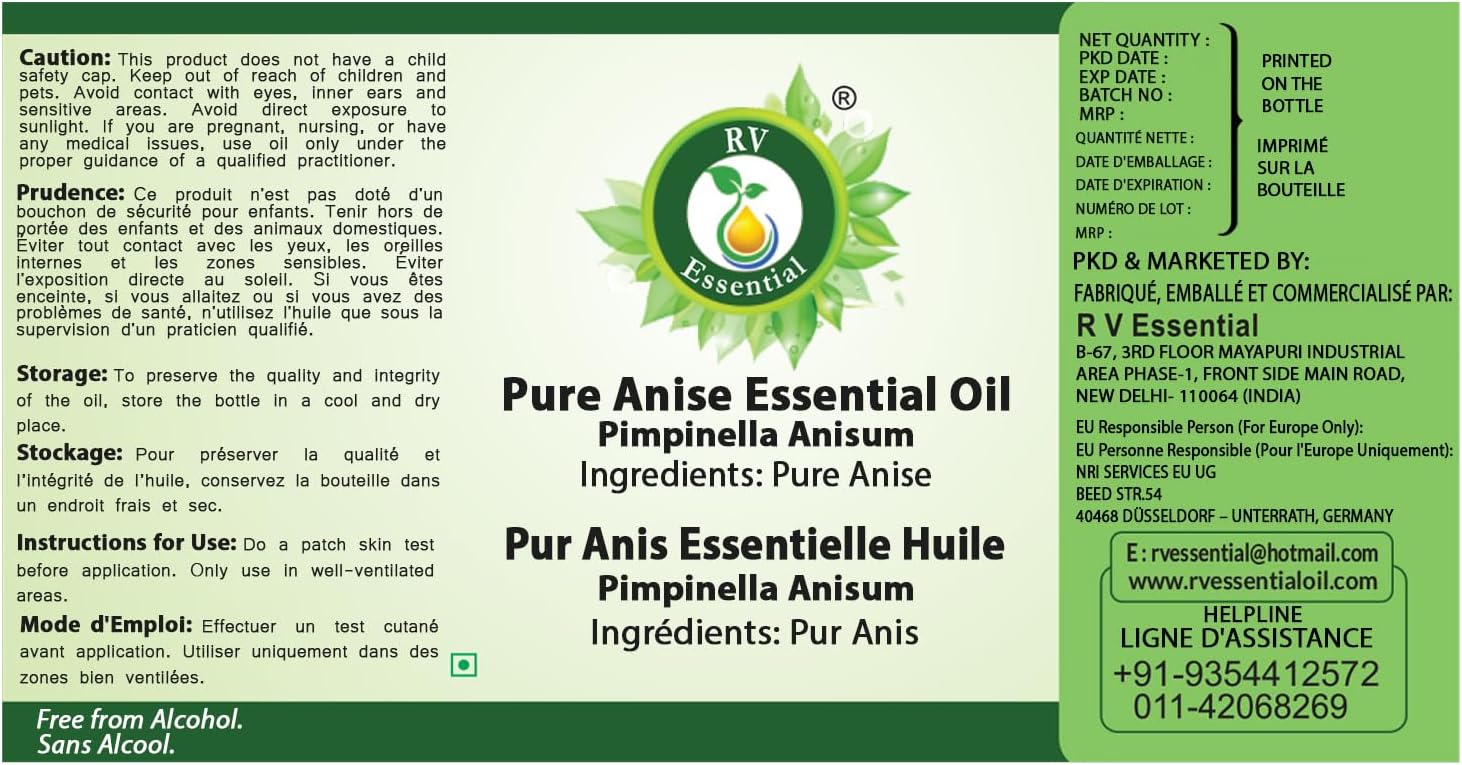 R V Essential Pure Anise Essential Oil 100ml (3.38oz)- Pimpinella Anisum (100% Pure and Natural Steam Distilled)