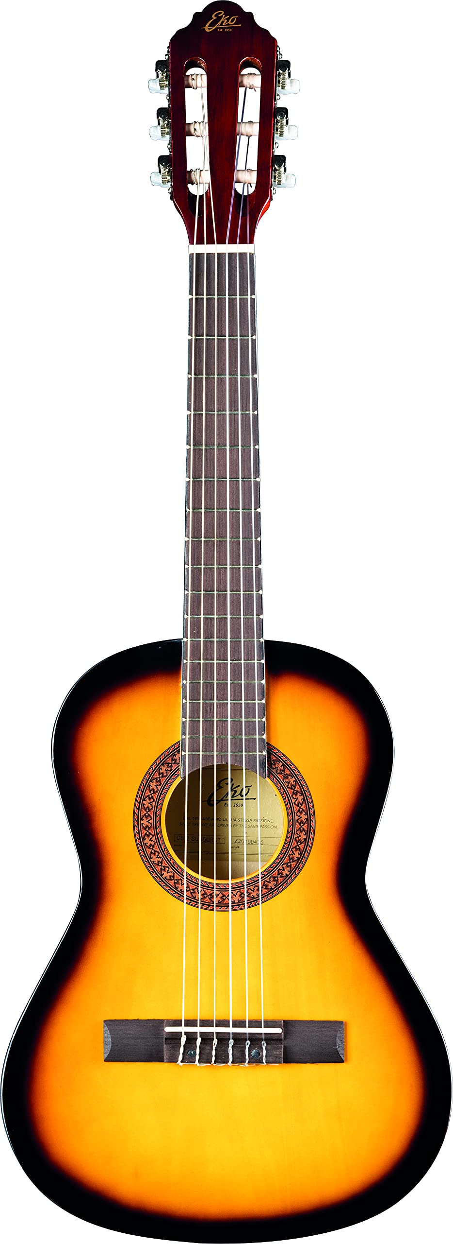 EKO GUITARS – CS‑2 SUNBURST, Guitarra Clásica Serie Studio, Escala 1/2, Tapa de Tilo Laminado, Aros y Fondo de Tilo Laminado, Mástil y Diapasón de Abedul, Funda Incluida, Color Sunburst