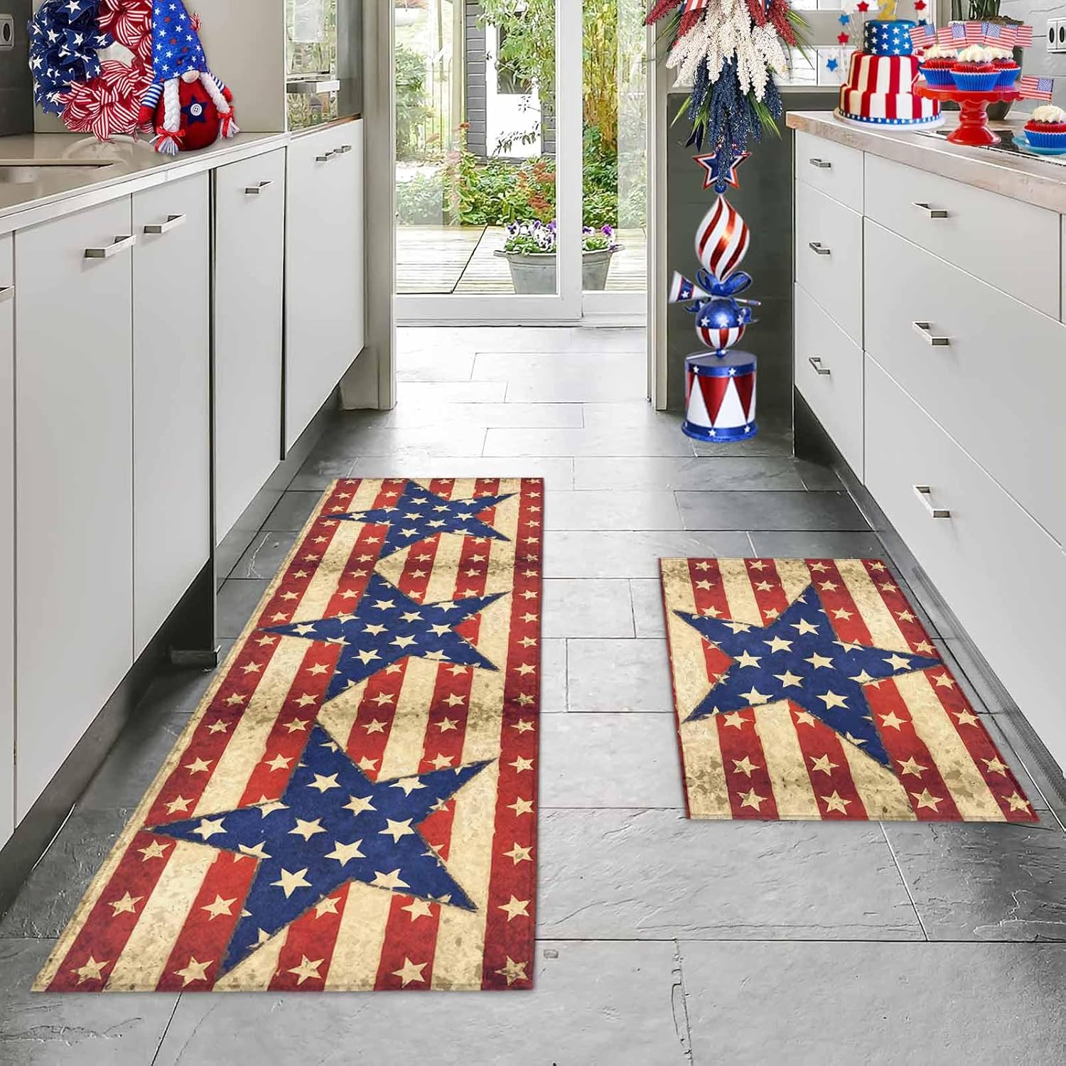 2 Pieces Kitchen Rugs and Mats,Independence Day Vintage USA Flag Area Runner Rug Set Non Slip Floor Doormat Washable Carpet Standing Mat for Kitchen Sink Indoor Corridor,Red Blue Stars Striped