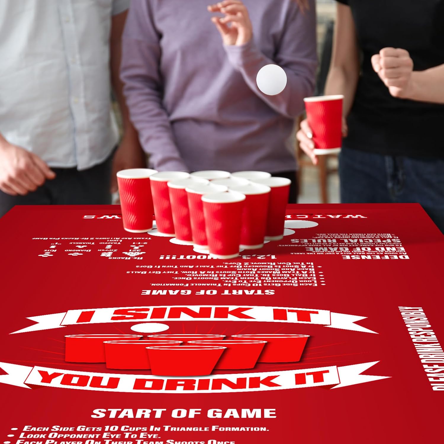 Moukeren 6ft Cup Table Tennis Game Tablecloth Set with 4 Pcs Balls Elastic Edged Cup Toss Rectangle Cover Sport Game Day Tailgate Party Decorations for Backyard Bar Pub Club Supplies