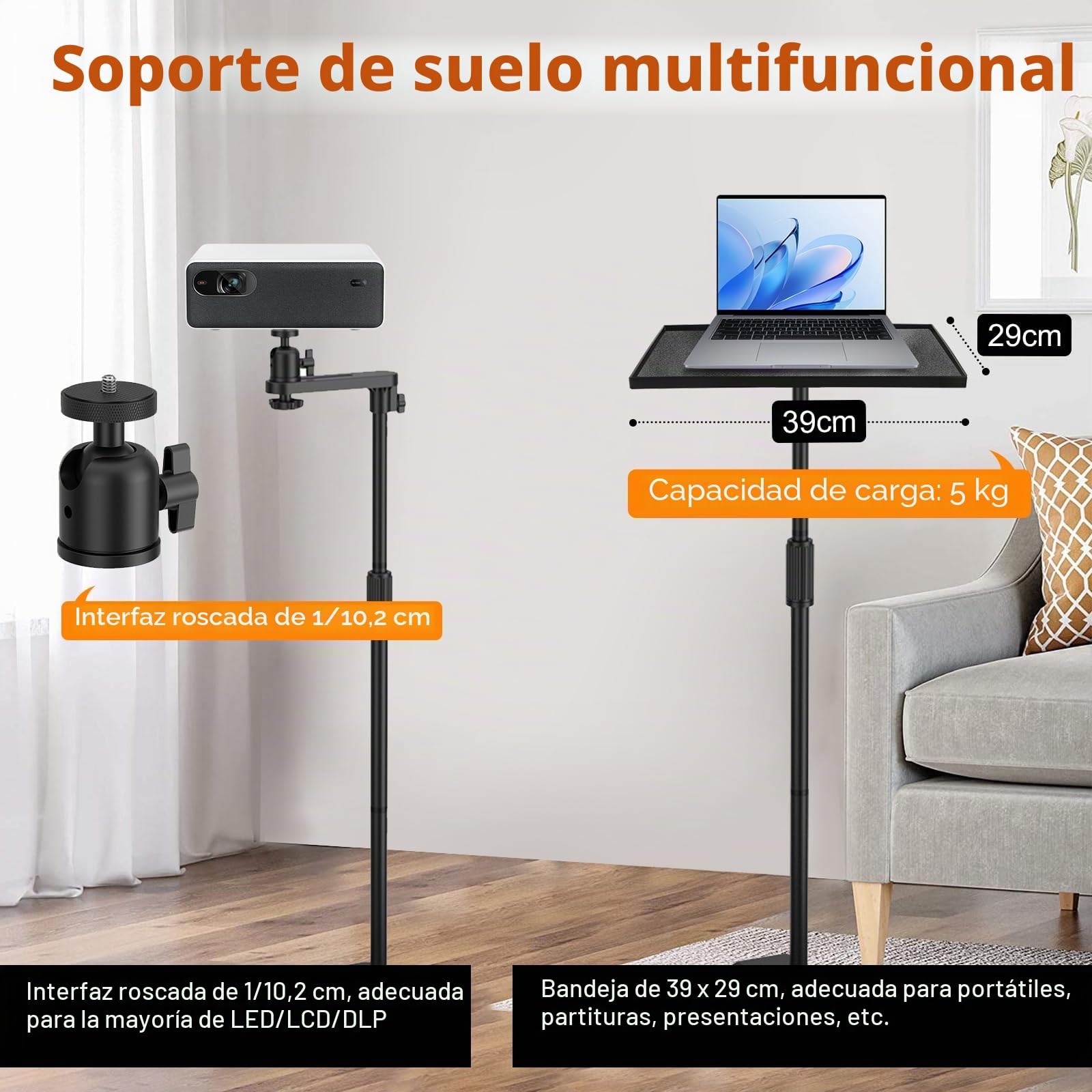 Soporte para proyector, altura ajustable (122 – 154 cm), soporte para proyector, rotación de 360°, base de metal estable, capacidad de carga de hasta 5 kg, soporte multifuncional para proyector