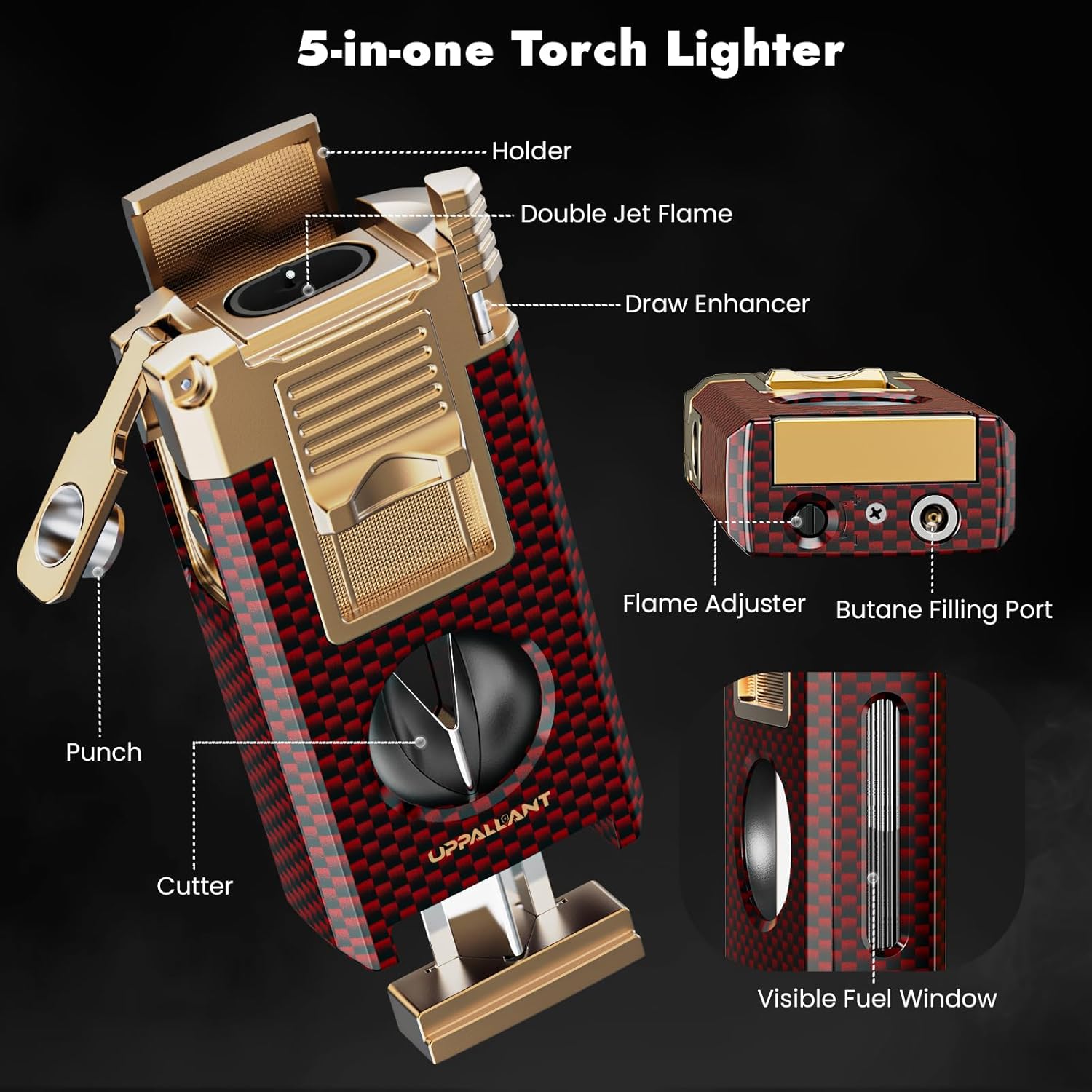5-in-1 Torch Lighter with Cutter, Punch, Holder, Draw Enhancer Tool and Dual Jet Flames, Refillable Butane Torch Lighters Gifts for Men, Versatile Accessories, Windproof Lighters for Candle, Travel