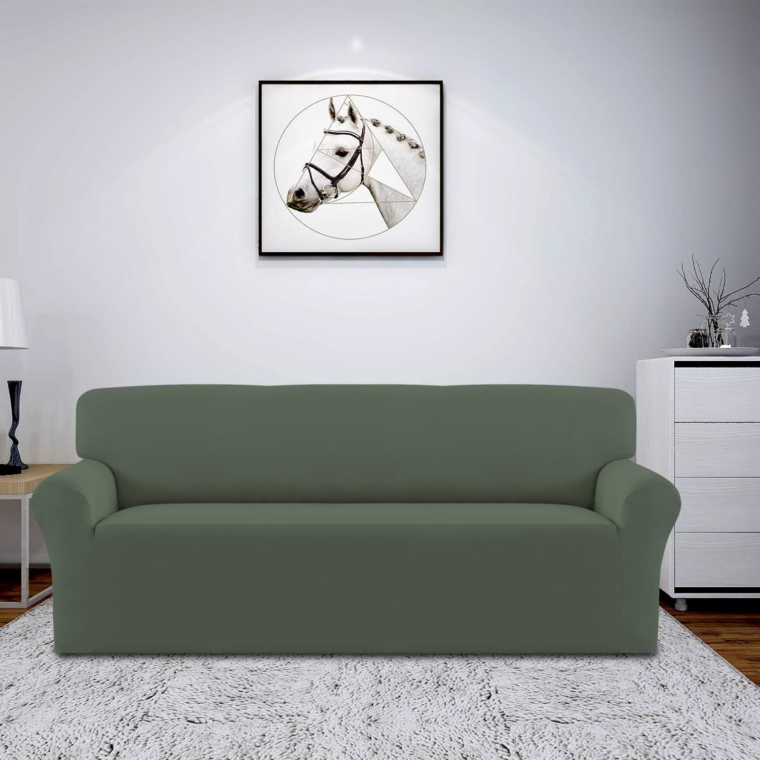 Easy-Going Fleece Stretch Sofa Slipcover Spandex Non-Slip Soft Couch Sofa Cover, Washable Furniture Protector with Anti-Skid Foam and Elastic Bottom for Kids, Pets OversizedSofa, Grayish Green