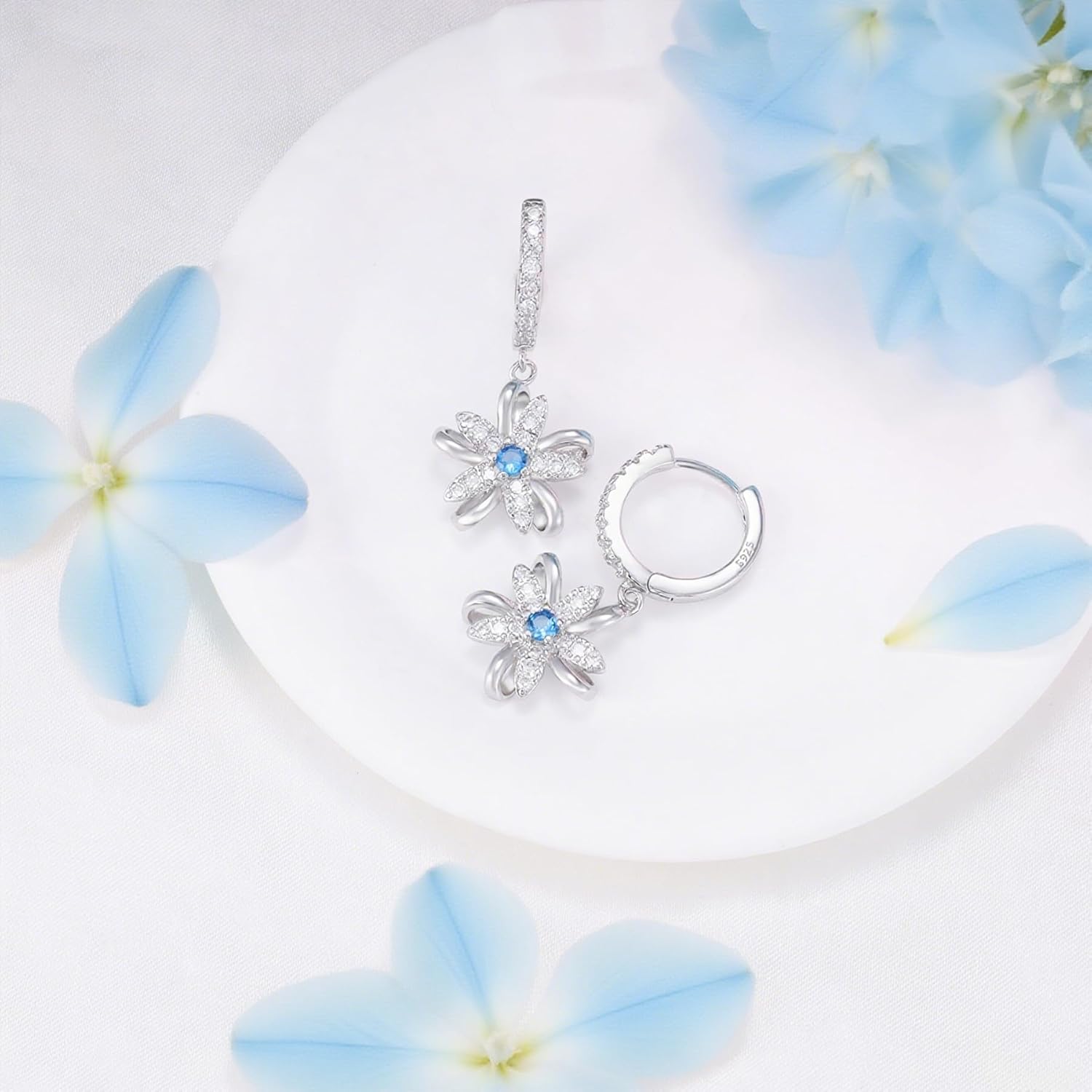 S925 Sterling Silver Sparkling Blue CZ Flower Dangle Hoop Earrings Dainty Small Flower Huggie Hoop Earrings Piercing Cartilage Jewelry for Women Wedding Birthday Party Gift Daughter Her - Image 3