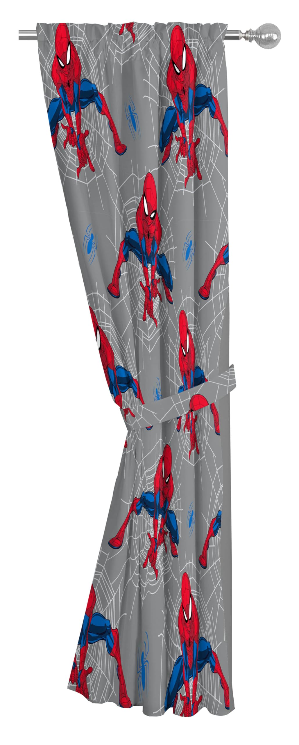 Jay Franco Lot de 2 rideaux de fenêtre pour chambre d'enfant avec 2 embrasses, gris – Spiderman, 106,7 cm de large x 160 cm de long