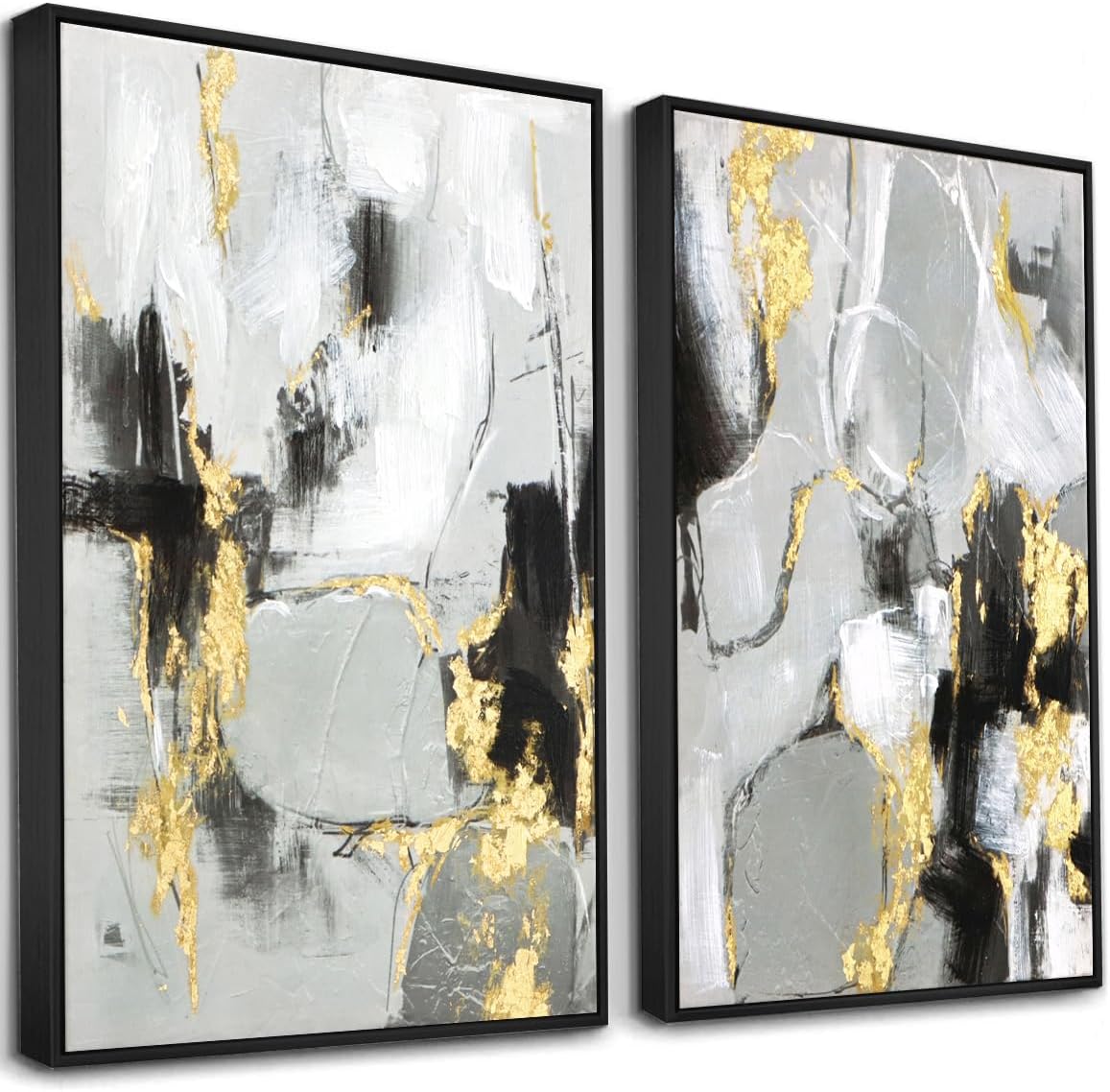 Zessonic Black Abstract Wall Art Decor - 2 Pack 24 x 36 Black and Gold Canvas Wall Decor with Hand Texture for Living Room, Bedroom, Office, Framed, Ready to Hang