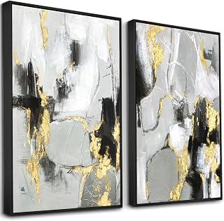 Zessonic Black and Gold Abstract Textured Hand-painted Wall Art, 16"x24"x2