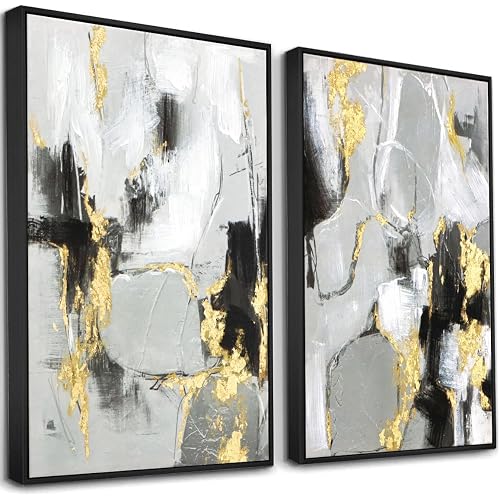 Zessonic Black and Gold Abstract Textured Hand-painted Wall Art, 16"x24"x2 | Framed Black and Gold 3D Textured Hand-painted Canvas Wall Decor with Hand Texture for Living Room Bedroom Office Hallway