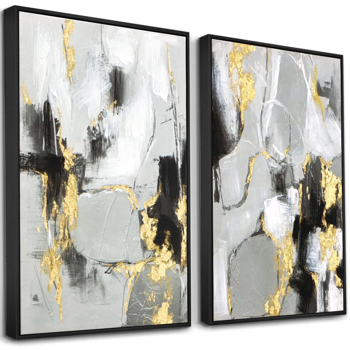 Zessonic Black and Gold Abstract Textured Hand-painted Wall Art, 16'x24'x2