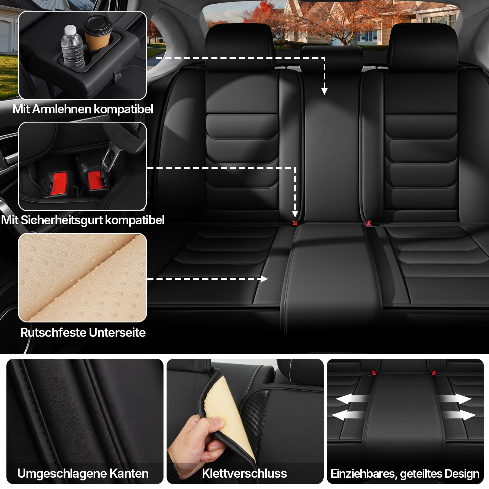 für SEAT Arona Autositzbezüge, 5 Sitze, Schwarz | Wasserfeste Leder-Autositzbezüge, Rutschfeste Kratzfeste Sitzbezüge, Einfach zu Montieren, Airbag-Kompatibel, Komplettset