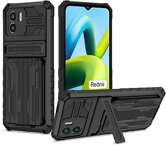 Phone Case Compatible with Xiaomi Redmi A2/Xiaomi Redmi A1 Hard PC+Soft TPU+Bracket+Card Case Shockproof Anti-Drop Protective Phone Cover Military Cases Bult-in Hidden Bracket Black