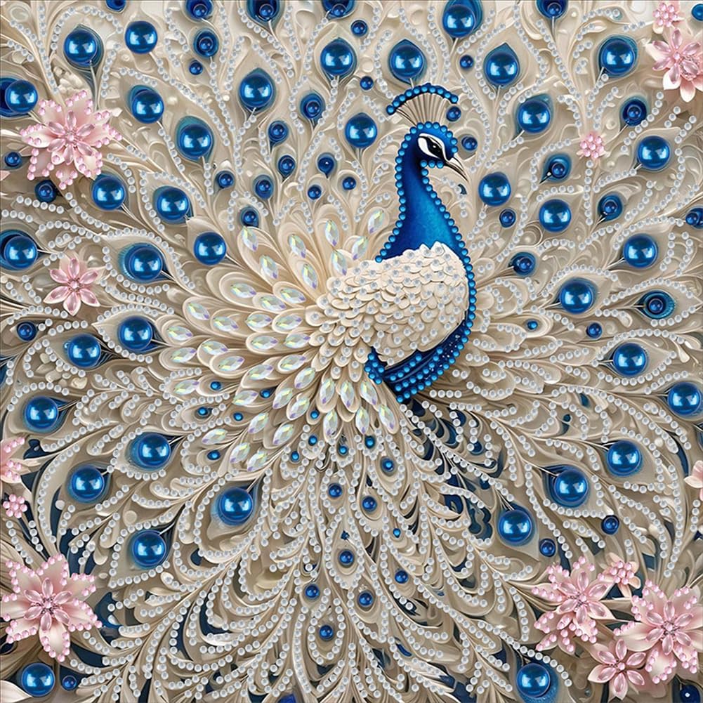 C'eitura 30x30cm White Peacock Special Shape Diamond Art Painting Kit, 5D Partial Drill DIY Crystal Rhinestone Art, Elegant Animal Home Wall Decor, Unique Craft Gift for Adults & Beginners​