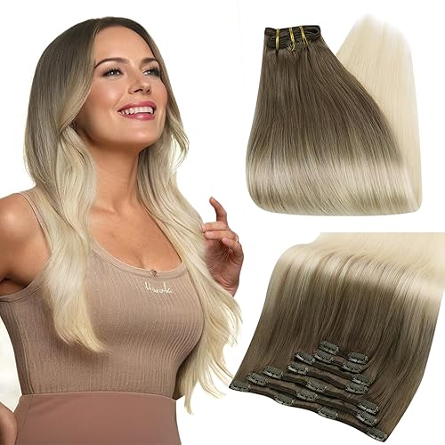 Full Shine - Extensiones de cabello Remy con clip color marrĂłn ceniza 8 que se desvanecen al color 60 extensiones de cabello humano rubio platino Full Shine - Extensiones de cabello Remy con clip color marrĂłn ceniza 8 que se desvanecen al color 60 extensiones de cabello humano rubio platino