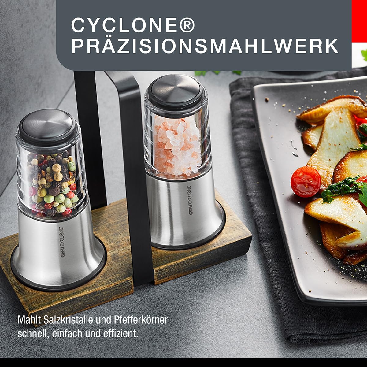 GEFU X-PLOSION Salz- & Pfeffermühlen-Set S mit Akazienholz-Menage | 2 Gewürzmühlen mit CYCLONE Keramikmahlwerk, stufenlos einstellbar, hochwertiges Edelstahl & Akazienholz-Set