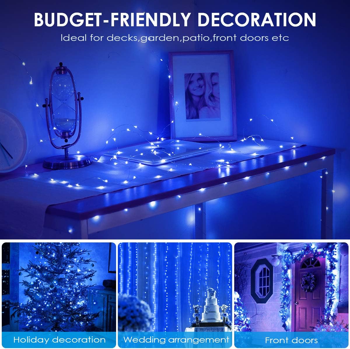 AMIR Upgraded Solar String Lights Outdoor, Mini 33Feet 100 LED Copper Wire Lights, Solar Powered Fairy Lights, Waterproof Solar Decoration Lights for Garden Yard Party Wedding Christmas (Blue)
