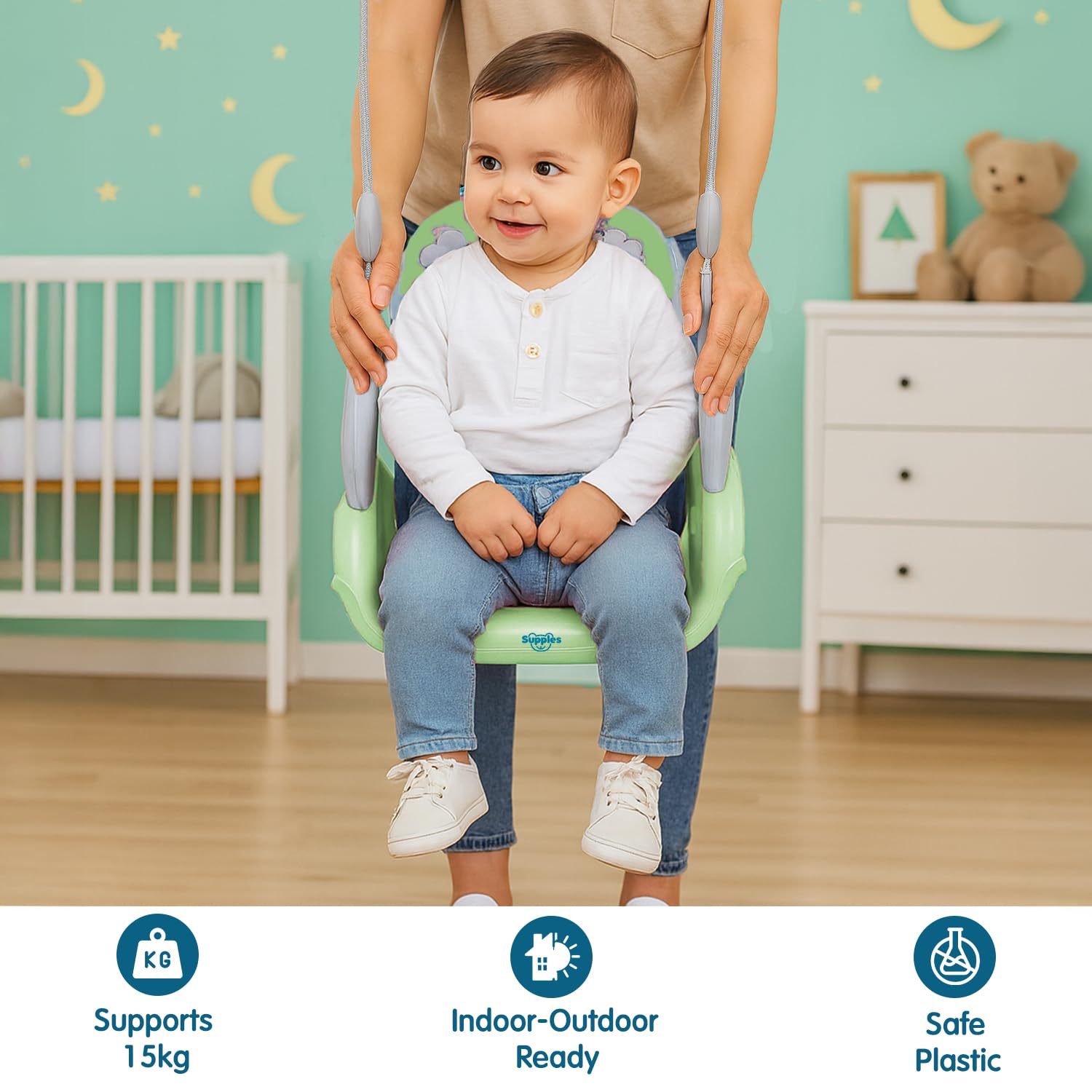 Amazon Brand - Supples Baby Swing for Kids | Non-Toxic Plastic | Indoor & Outdoor Use | Adjustable Design with Safety Belt | Age 6 Months to 4 Years | Green & Grey - Image 7 thumbnail