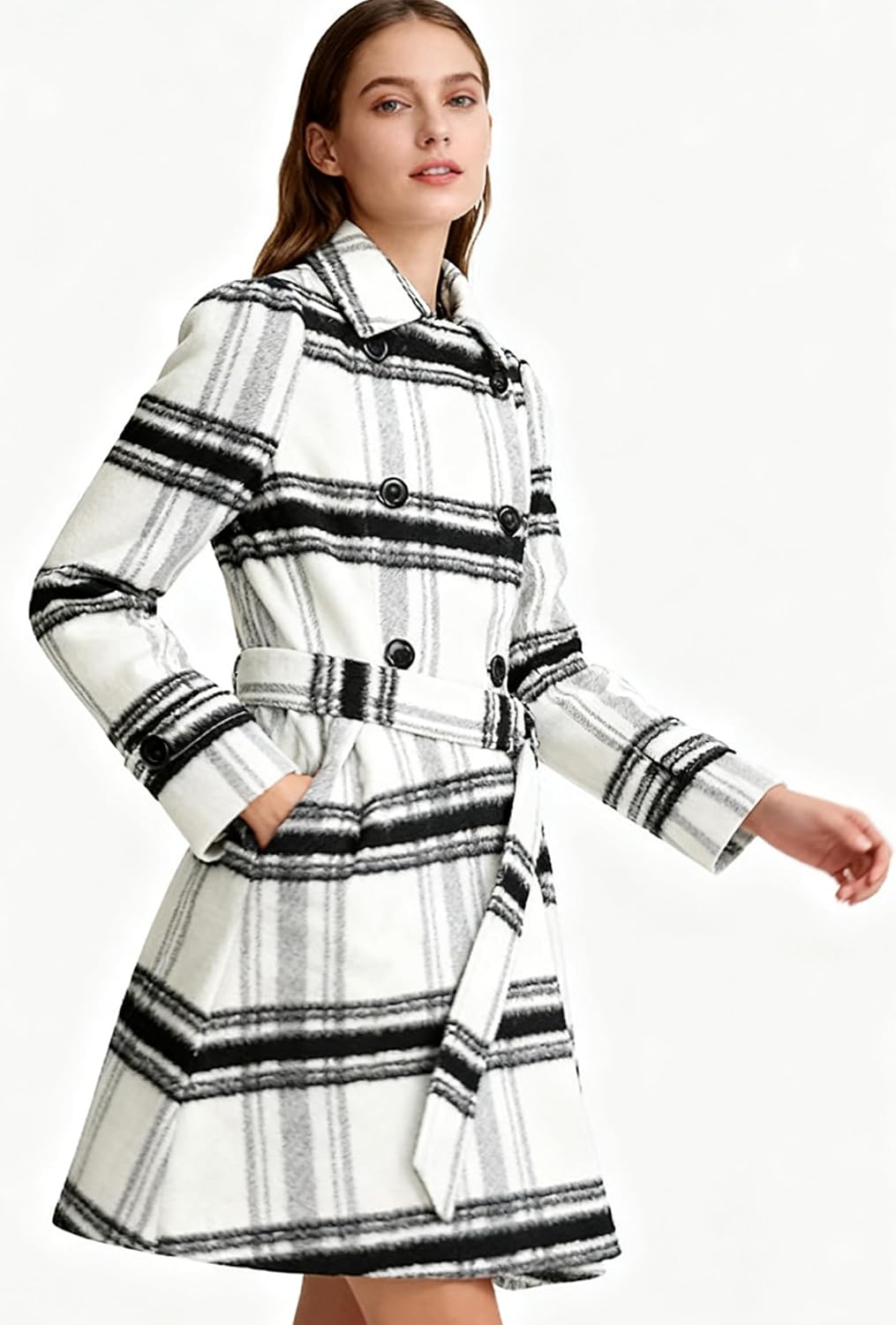 ForeMode Women Swing Double Breasted Wool Pea Coat with Belt Buckle Spring Mid-Long Long Sleeve Lapel Dresses Outwear - Image 2